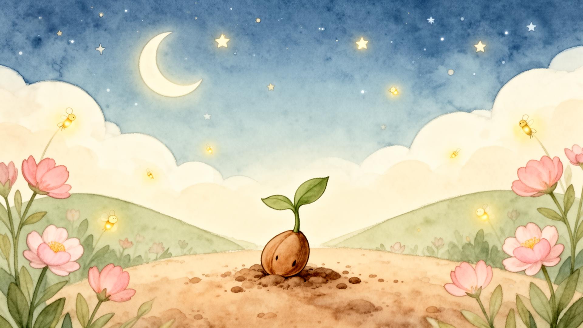 A tiny seedling under a starry sky with fireflies and pink flowers