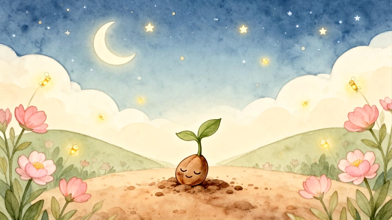A tiny seedling under a starry sky with fireflies and pink flowers